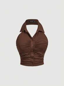 SHEIN MOD Brown Knitted Halter V-Neck Backless Cropped Summer Top - Brown - View 1