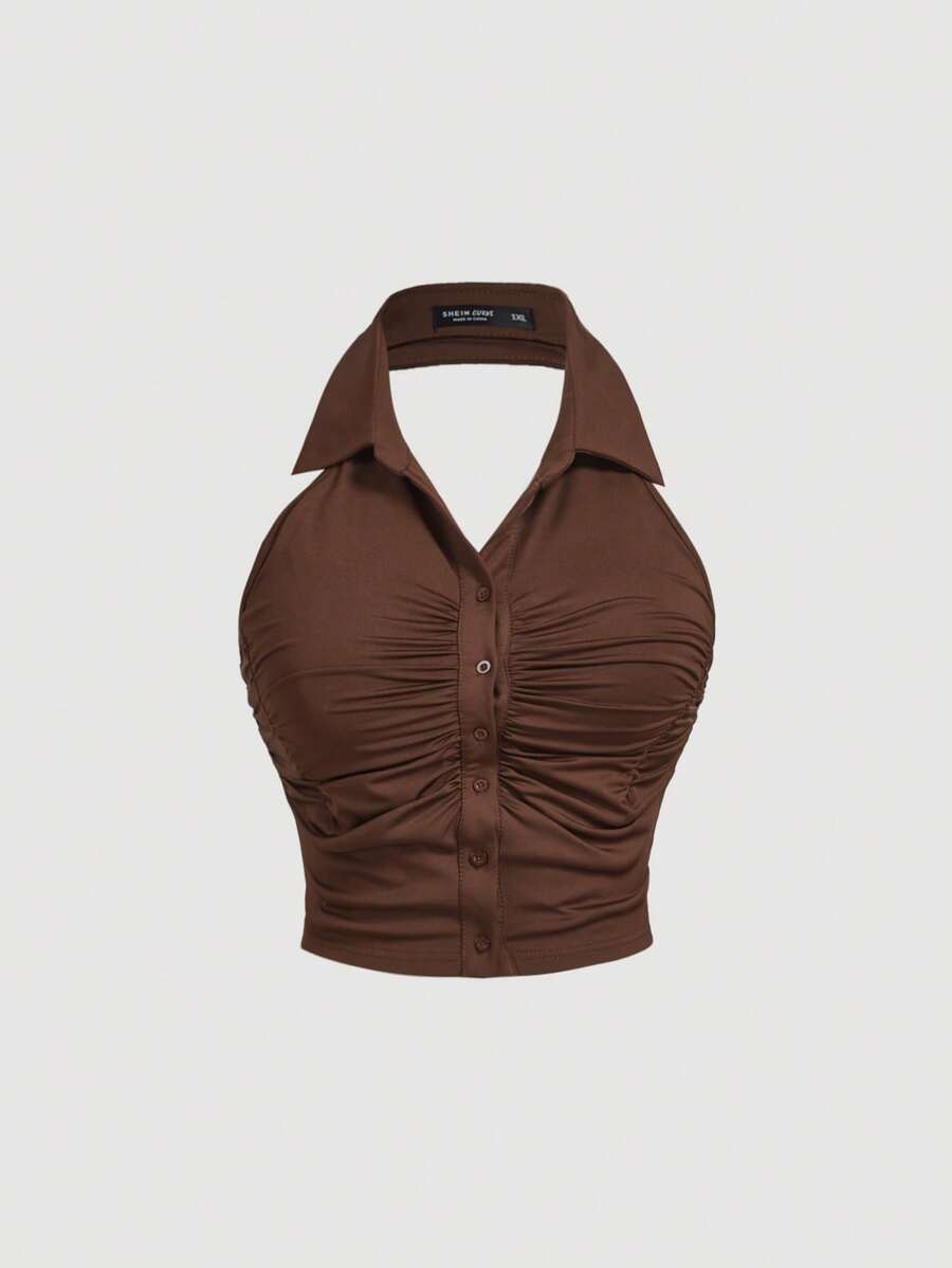 SHEIN MOD Brown Knitted Halter V-Neck Backless Cropped Summer Top - Brown - View 1