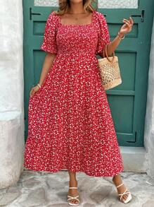 SHEIN Clasi Plus Size Women Summer Elegant Vacation Puff Sleeve Front Pleated Red Ditsy Floral Dress,Summer Outfits For Women Vacation Outfits Woman,Suitable For Workplace, Afternoon Tea, Date, Concert, Party, Retro College Style,Holiday,Summer Outfits For Women,Beach Outfits For Woman,Vacation Outfits Women,Sun Dress,Sun Dress,Rave Outfits Festival/Concert Outfit Women/ Rave Outfits/Country Concert Outfit/Nashville Outfits/Coachella Outfits/Ibiza Outfits