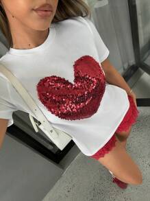 Siren Gaze Heart Sequin Pattern Round Neck Tee Thanks Giving White Summer White Casual Valentine's Day - White - View 3