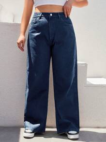 EURMUSE 98%Cotton Plus High Waist Wide Leg Jeans - Dark Wash - View 1