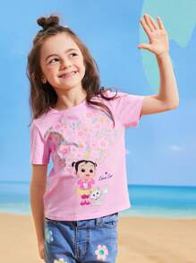 CoComelon X SHEIN 年轻女孩卡通猫和花朵印花可爱心形图案 T 恤 - 粉色 - 查看 5