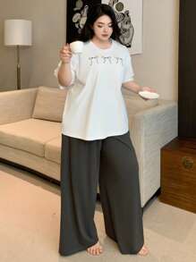 Dazy Plus Plus Size Women Butterfly Print Top And Pants 2Pcs Lounge Set Pajama - White - View 7