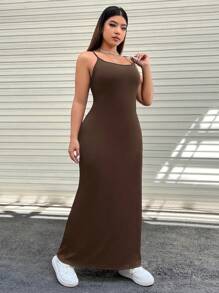 SHEIN EZwear Váy suông trơn màu cỡ lớn, bó sát & tối giản, thời trang - màu nâu - Xem 4
