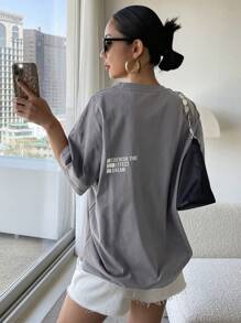 DAZY Camiseta ancha con gráfico de eslogan "CHERISH TIME EFFECT DREAM" - Gris - Ver 4