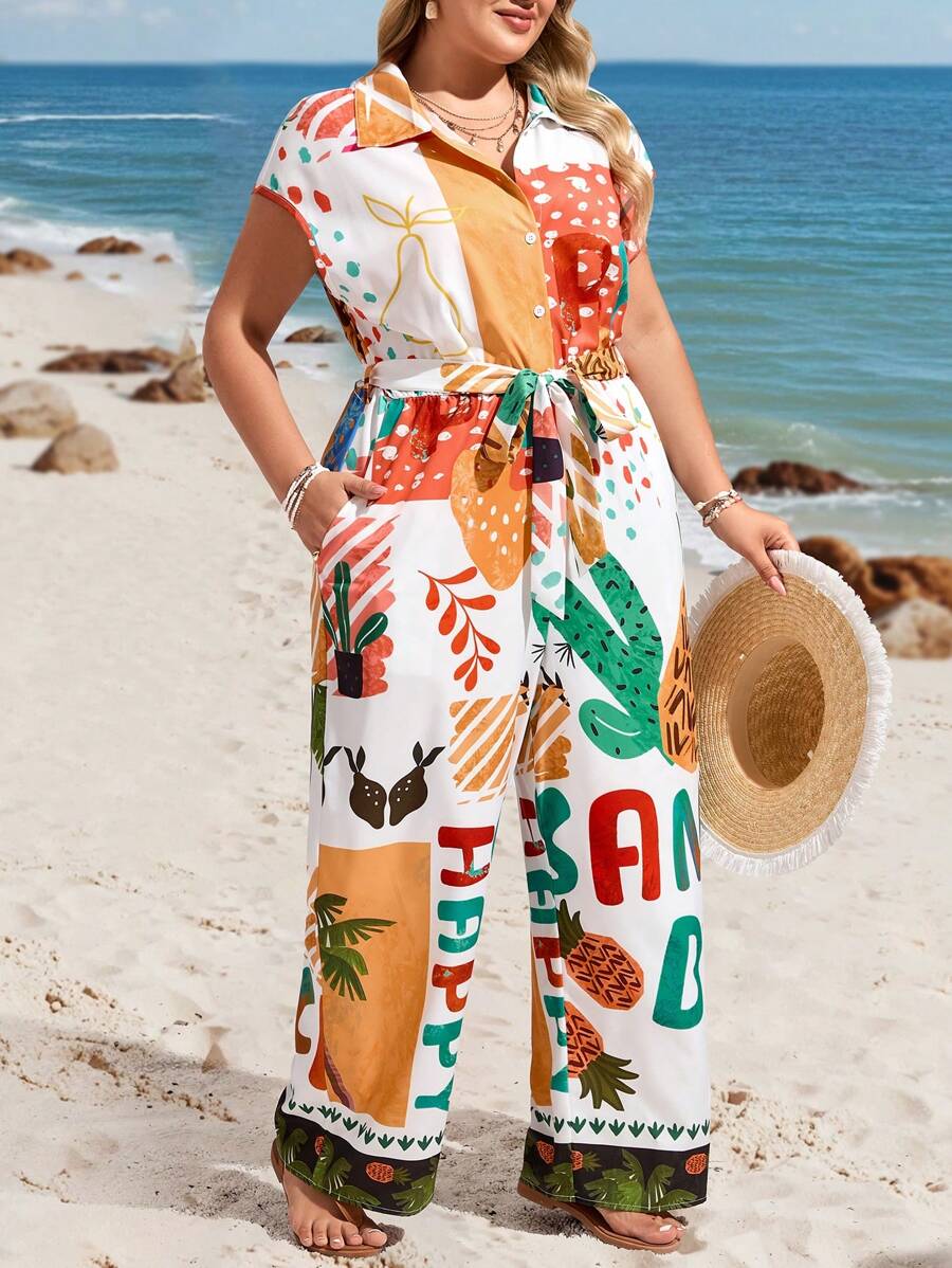 SHEIN VCAY Große Größen Sommer Urlaub Strand Musik Festival Bunter abstrakter Muster Langarm Hemd & Hose Jumpsuit, mit Taschen, Outfits für South Beach, Saint-Tropez, Amalfi Küste, Sommer Outfits für Frauen, Europäischer Sommer Western Wear, Süße Sommer Outfits, Strand Outfits, Boho Frauenkleidung, Urlaubs Outfits, Frauen Resort Wear, Hippie Kleidung für Frauen, Ostern Outfit Frauen, Rave Outfits, Country Konzert Outfit, Nashville Outfits, Ibiza Outfits, Old Money