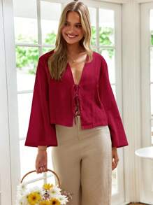 SHEIN VCAY Blusa de corte holgado, manga acampanada, ajuste regular, de tela tejida casual para mujer - Burdeos - Ver 3