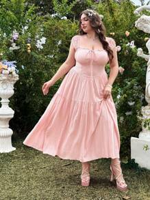 Lyrianda Abito casual vintage rosa con arricciatura in vita per taglie forti, adatto per vacanza, appuntamenti e uso quotidiano, primavera/estate