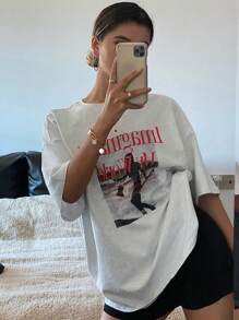 Livesso 宽松短袖圆领女式字母印花T恤夏季超大码T恤，图案T恤 - 白色 - 查看 10