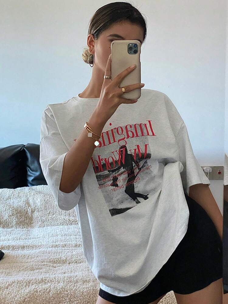 Loose Fit Short Sleeve Round Neck Women's T-Shirt With Letter Print Summer Oversized T-Shirt,Graphic Tees