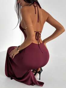 Aloruh Women's Solid Color Ruched Side Slit Backless Dress Summer Summer Outfits Summer Clothes Beach Outfits For Woman  Beach Vacation Vacation Outfits Woman Boho  Tropical Vacation Woman Clothe