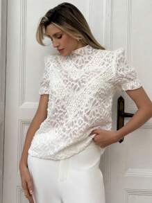 Aloruh Short Sleeve Cutout Collar Ladies White Blouse, Suitable For Weddings