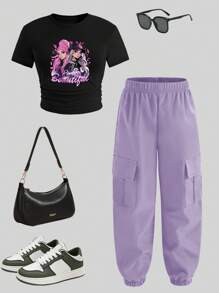 SHEIN Explorewe 青少年女孩卡通人物和字母印花圆领短袖 T 恤和工装裤休闲套装 - 黑色 - 查看 2