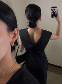 DAZY Vestido ajustado con cuello en V y cintura fruncida, vestido de verano elegante. Ropa de vuelta al colegio - Negro - Ver 2