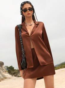 Femmeiva 2pcs Women Business Casual Satin Blouse With Metal Buttons & Short Straight Skirt Set Fall Cloth For Women - Brown - View 3