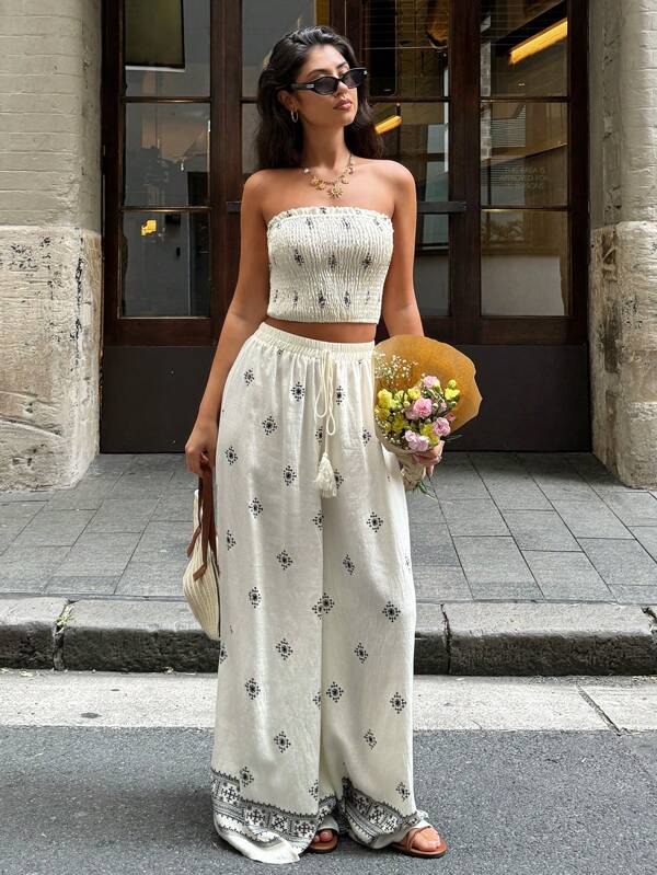 Serisse Conjunto de calças de perna larga com estampa contrastante de férias femininas, elegante, casual, elástica e justa, conjunto de top e calça tubo, roupas de verão femininas, trajes de duas peças para férias, conjunto de duas peças para mulheres, roupas femininas boho
