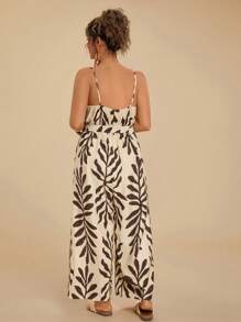 Travachic Vintage Plus Size Casual Vacation Summer Beach Holiday Loose Leaf Print Comfy Strap Jumpsuits For Women