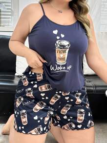Conjunto de pijama de camiseta de tiras y shorts con estampado de taza de café en tallas grandes