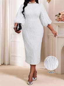 Fleurora 大码女式纯色圆领灯笼袖长款优雅连衣裙优雅秋冬优雅白色针织圆领飘逸长袖大码连衣裙化妆舞会礼服白色长袖连衣裙礼服情人节新年派对礼服 - 白色 - 查看 5