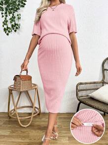 SHEIN Pregnant Women 2pcs Casual Loose Short Sleeve Solid Color Sweater & Knit Skirt Set - Pink - View 1