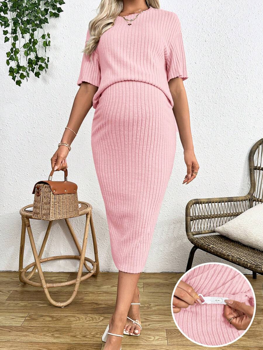 SHEIN Pregnant Women 2pcs Casual Loose Short Sleeve Solid Color Sweater & Knit Skirt Set - Pink - View 1