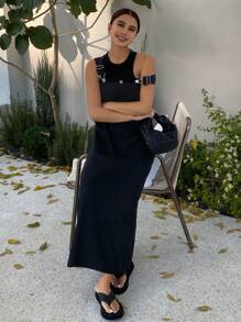 DAZY 1 Stück Damen Midi-Kleid mit verstellbaren Trägern und einfarbigem Design, Sommerkleid, Herbstmode