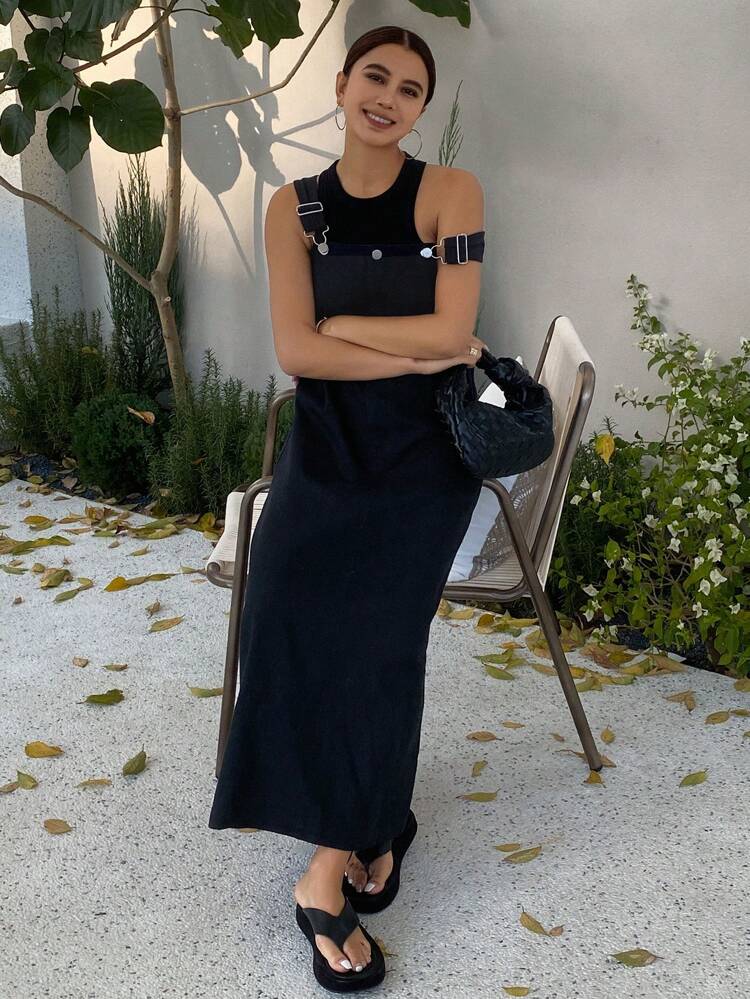 1pc Women's Adjustable Strap Solid Color Midi Straight Dress Sundress,Fall Clothes