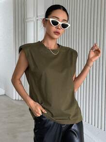 DAZY Solid Shoulder Pad Tee - Army Green - View 5