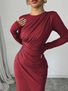 Elenzga Elegantes Damen Unifarben Arbeitskleid, figurbetonter Form, Rundhalsausschnitt, umklappbarem Kragen, Langarm, Bodycon-Stil, Maxikleid für Frühling/Herbst/Winter