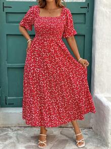 SHEIN Clasi Plus Size Women Summer Elegant Vacation Puff Sleeve Front Pleated Red Ditsy Floral Dress,Summer Outfits For Women Vacation Outfits Woman,Suitable For Workplace, Afternoon Tea, Date, Concert, Party, Retro College Style,Holiday,Summer Outfits For Women,Beach Outfits For Woman,Vacation Outfits Women,Sun Dress,Sun Dress,Rave Outfits Festival/Concert Outfit Women/ Rave Outfits/Country Concert Outfit/Nashville Outfits/Coachella Outfits/Ibiza Outfits