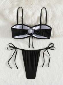 Swim Vcay 2pcs/Set Women Beach Summer Outfit, Solid Color Underwire Supportive Top And Side Tie Swim Shorts Elegant Bikini Sets