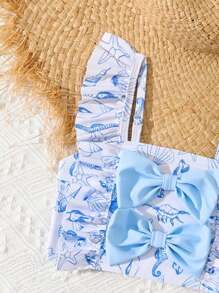 SHEIN Young Girl Vacation Beach Ruffle Edge Bow Decor Allover Print Swimwear Set - Blue - View 4