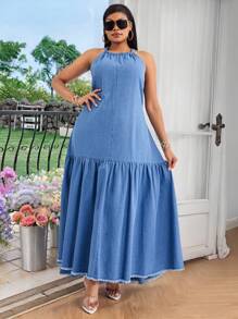 大码后背系带褶饰无袖休闲牛仔性感连衣裙 - 藍色 - 查看 3