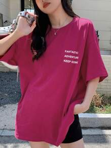 DAZY 夏季休闲宽松圆领字母印花短袖T恤 FANTASTIC ADVENTURE KEEP GOING 超大码T恤，图案T恤 - 玫紅色 - 查看 4