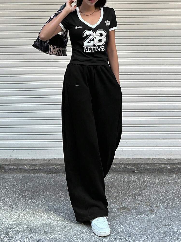 Women's V-Neck Letter Print Short Sleeve Casual T-Shirt,Graphic Tees