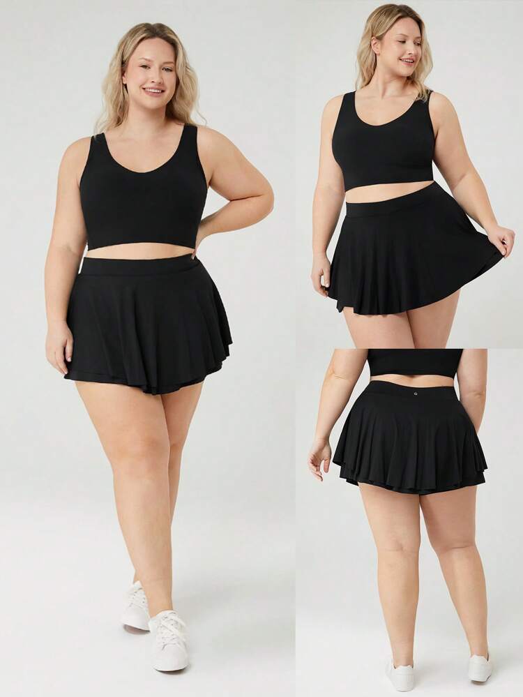 FeatherFit™-Air Große Größen Schicht-Look rutschfester Oberschenkel-freundlicher Kurzrock mit Volants und eingebauten Shorts mit Seitentaschen für Yoga und Alltag