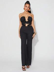 SHEIN Unity 连体裤春季链条露背领口镂空细节阔腿节日夏季连体裤夏季俱乐部度假性感坏蛋早午餐服装女士 - 綠色 - 查看 5