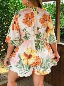 Flirla Mono de talla grande para mujer con escote en V, mangas con volantes, estampado, casual para playa, vacaciones y elegante