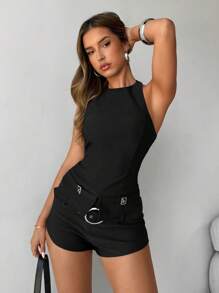 Aloruh 2 Pieces Set Women Sexy Elegant Halter Top With Belt And Super Shorts, Wine Red, Business Casual