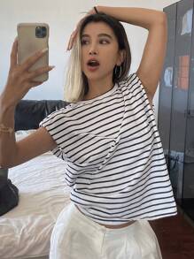 Livesso Camiseta De Cuello Redondo A Rayas Con Hombreras Para Ocasiones Casuales De Verano - Blanco y Negro - Ver 11