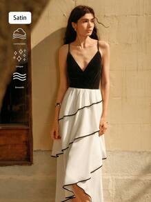 Chiquease Women Velvet Patchwork Contrast Color Tiered Midi Dress
