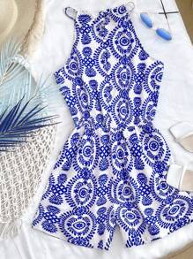 SHEIN Bộ đồ liền thân hở lưng in họa tiết hình học màu xanh và trắng cho bé gái tuổi teen, phù hợp cho phong cách đi nghỉ - Xanh và trắng - Xem 4