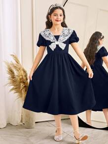 SHEIN Leap Crew Tween Girl Fitted Custom Embroidered Ruffle Collar Casual Puff Sleeve Dress - Navy Blue - View 1