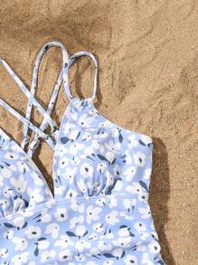 SHEIN Swim 1 szt. damski granatowy elegancki jednoczęściowy kostium kąpielowy z nadrukiem kwiatowym