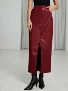 Aveloria Modichic 女士 PU 皮革中长裙，纯色开叉 A 字裙，简约时尚 - 紅色 - 查看 6