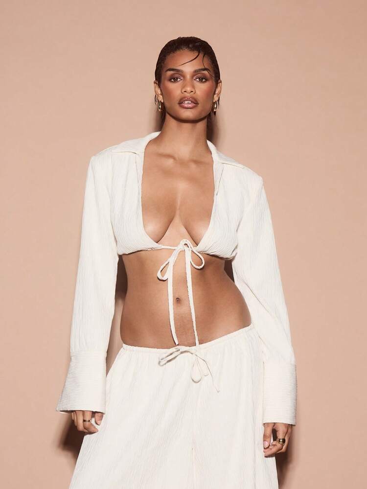 KIZN Letnia bluzka typu bralette z kopertowym przodem i długim rękawem, plażowa, biała bawełniana, świąteczna, w stylu boho chic, wiązana z przodu, krótka