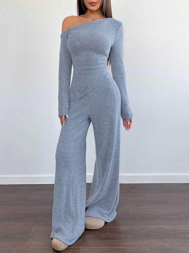 SHEIN Unity Women Casual Furry Asymmetrical Shoulder T-Shirt + Low Waist Wide Leg Pants 2 Pieces Set, Winter Home Wear Fall Cloth For Women - Baby Blue - View 5