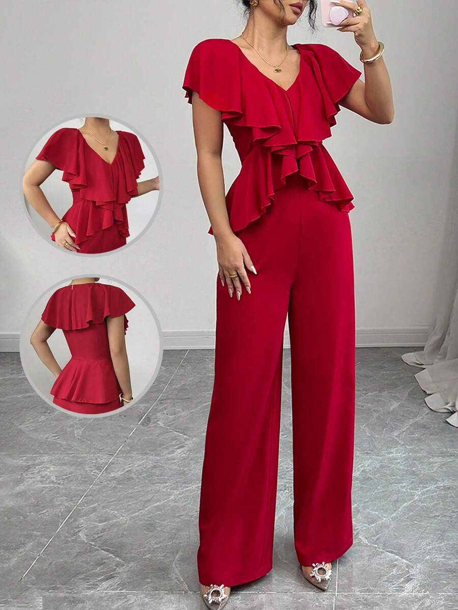 Chiquease Ruffled Waist Elegant Fashionable Vacation Jumpsuit, Red - Red - View 1