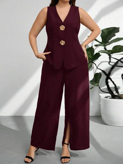 Firerie 大码女装春夏新款休闲办公室通勤正式背心配玫瑰金装饰纽扣和西装裤两件套毕业、返校、教师装秋冬女士服装