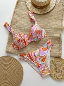 Vaytide Set de 2 piezas de bikini con estampado gráfico y copas duras con cordones para mujeres, ideal para el verano y vacaciones en la playa - Multicolor - Ver 7